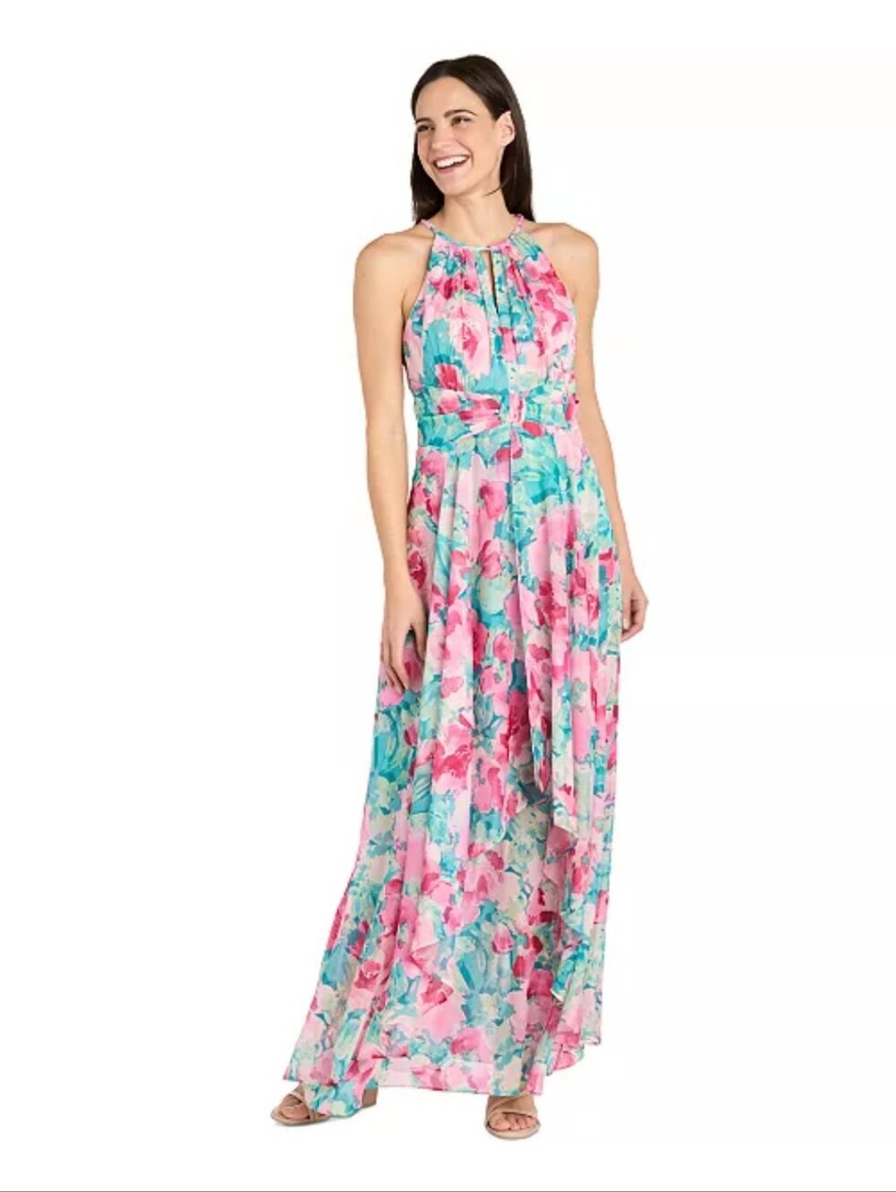 NWT R&M Richards Floral Chiffon Maxi Dress Size 12 Jade Pink Formal Wedding $149